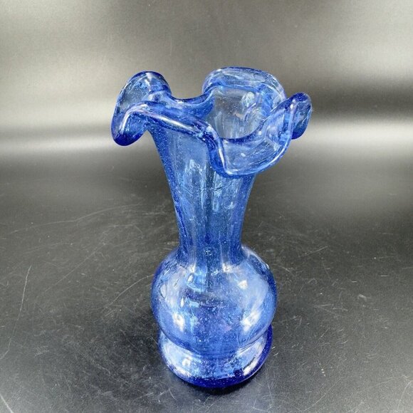 Vintage Hand Blown Cobalt Blue Bud Vase Ruffled Edges Hand Made Glass Decor VTG - Picture 13 of 14